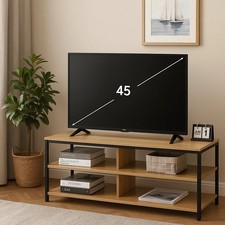 Modern Oak TV Stand Cabinet 110cm with Storage Shelf & Black Steel Frame Unit