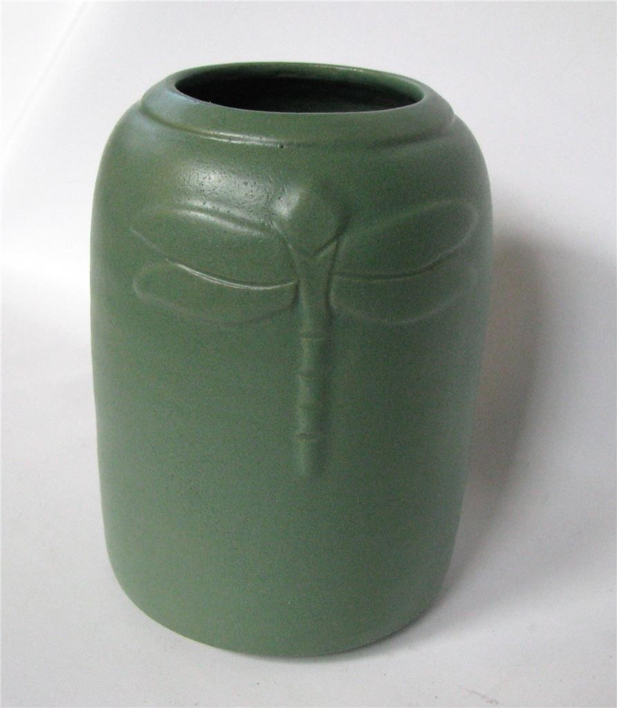 Studio Art Pottery Arts and Crafts style Matte Green Vase Dragonfly 5" signed