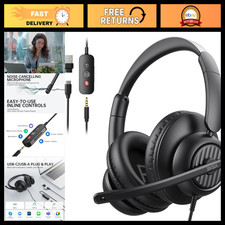 USB Headset with Microphone for PC, Noise Cancelling Over-Ear Headphones, 3.5mm/