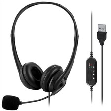 Computer USB Wired Headset With Microphone For PC Laptop Black Slender Design