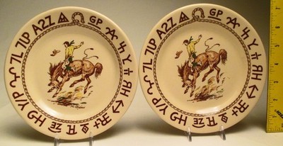 Original Rodeo Westward Ho Wallace China 2 Salad Plates Bucking, Bronco Goodan