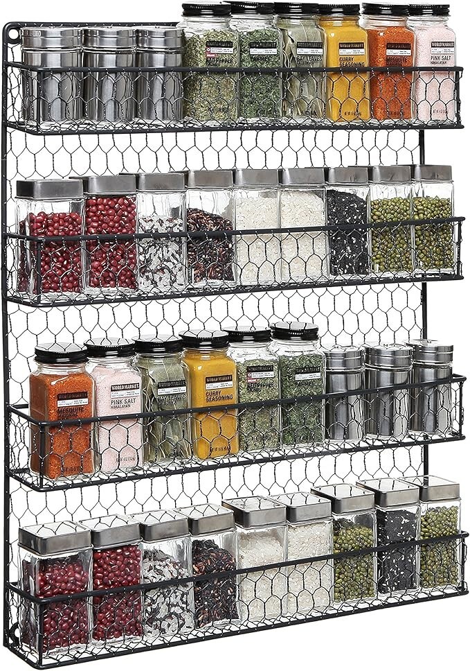 4-Tier Black Chicken Wire Spice Rack Wall Mount Organizer Spice