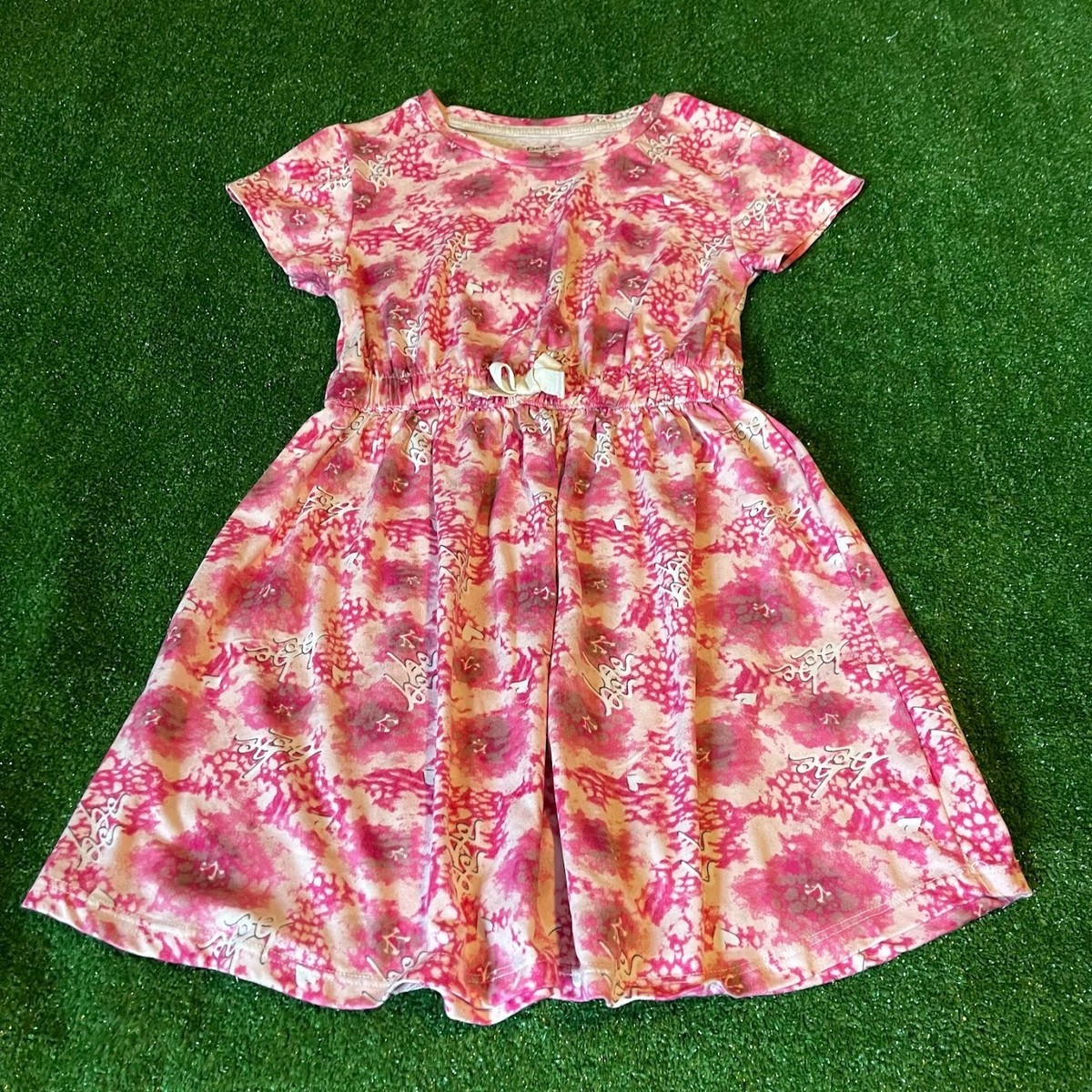 bebe Girls Elastic Waist Short Sleeve Fit-Flare Floral Pink Jersey Dress Size M