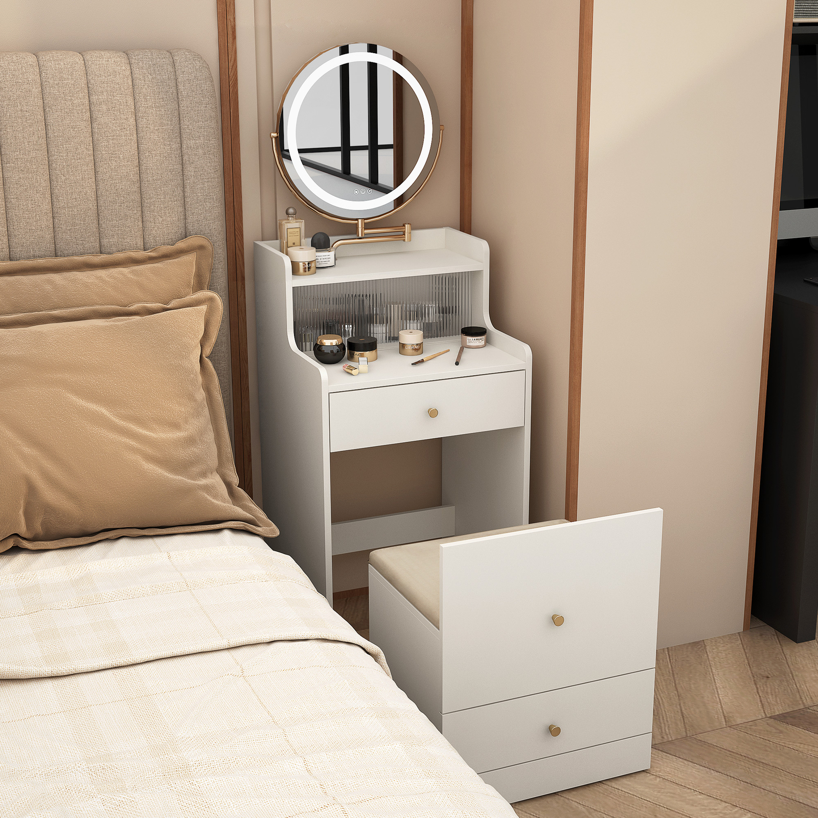 3 in 1 Vanity Desk with Mirror, Lights & USB Charging for Makeup & Skincare