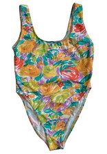 Vtg 90s Softouch Susan Fixel Floral Watercolor Swimsuit M Medium Made in USA
