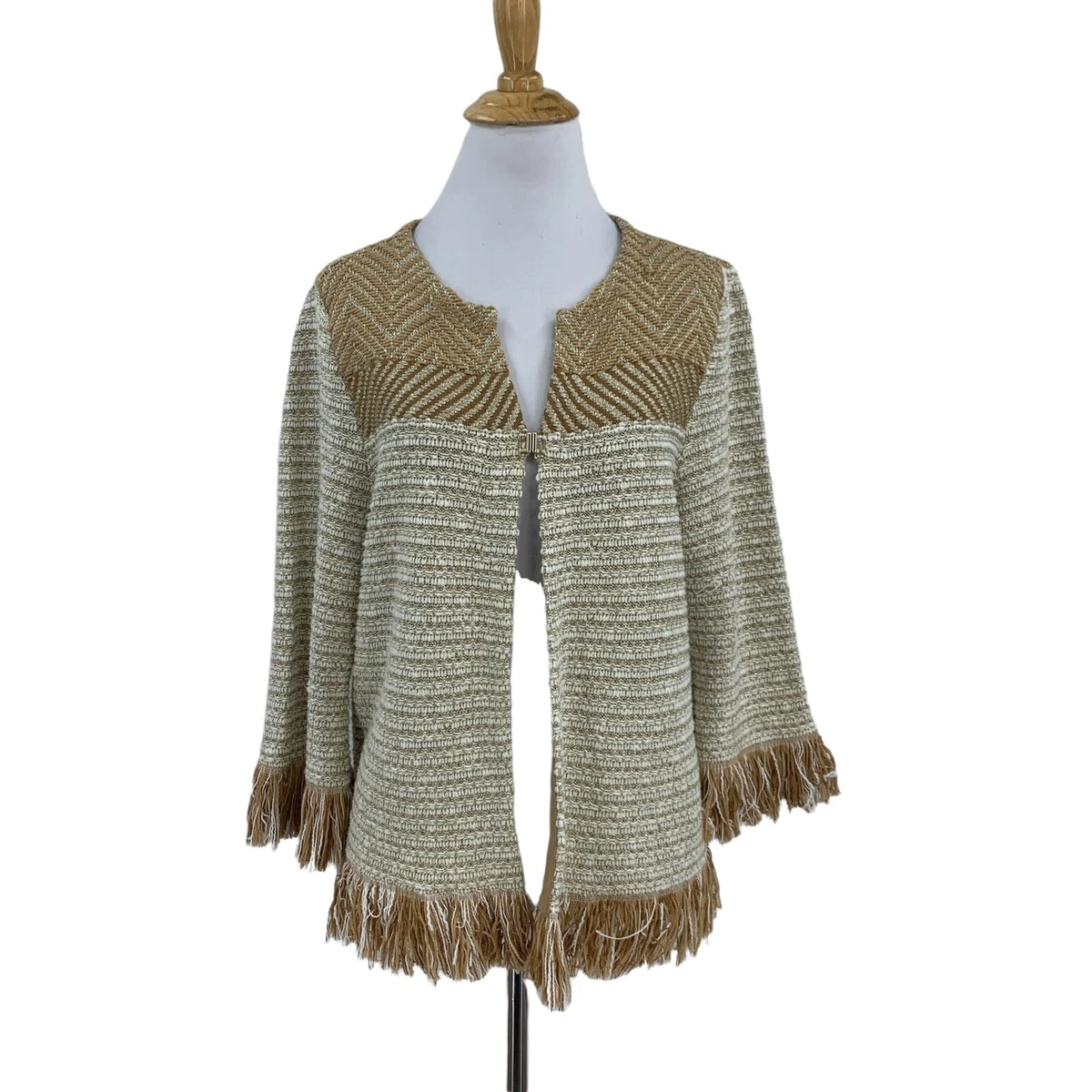 Chico's Gold Metallic Fringe Cardigan Womens 1 Tweed Fringe 3