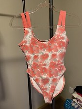 Vintage 80  s Aerobics Dance Bodysuit Abstract Print Coral Pink Double Straps
