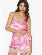 Victoria s Secret XS Satin Lace Pajama Set Pink White Stripe Cami Top Shorts