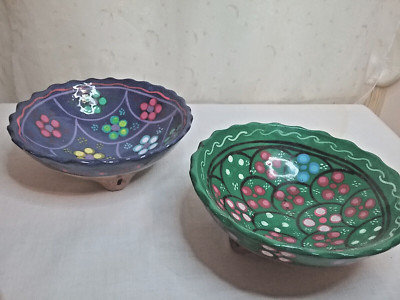 2Mexican Talavera Pottery 3 Footed Salsa/Trinket Bowls Green/Blue 5.5 