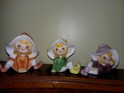 HOMECO VTG 5213 Pixies Set Of 3 Orange Green Purple Bisque Girl Elves