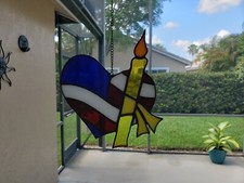 Stained Glass Patriotic Heart w/Candle Hand Made BRAND NEW FREE SHIPPING