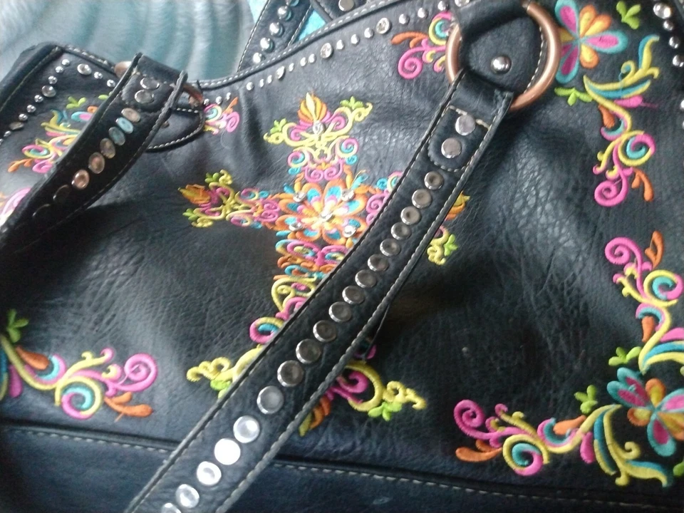 Montana West Black Double Handled Large Purse Colorful Stiched Cross Studded  - Image 2 of 4