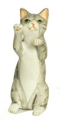 Dolls House Grey White Cat Sitting Up Begging Miniature 1 12