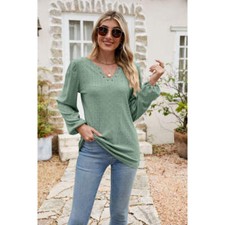 Eyelet Notched Neck Balloon Sleeve Blouse