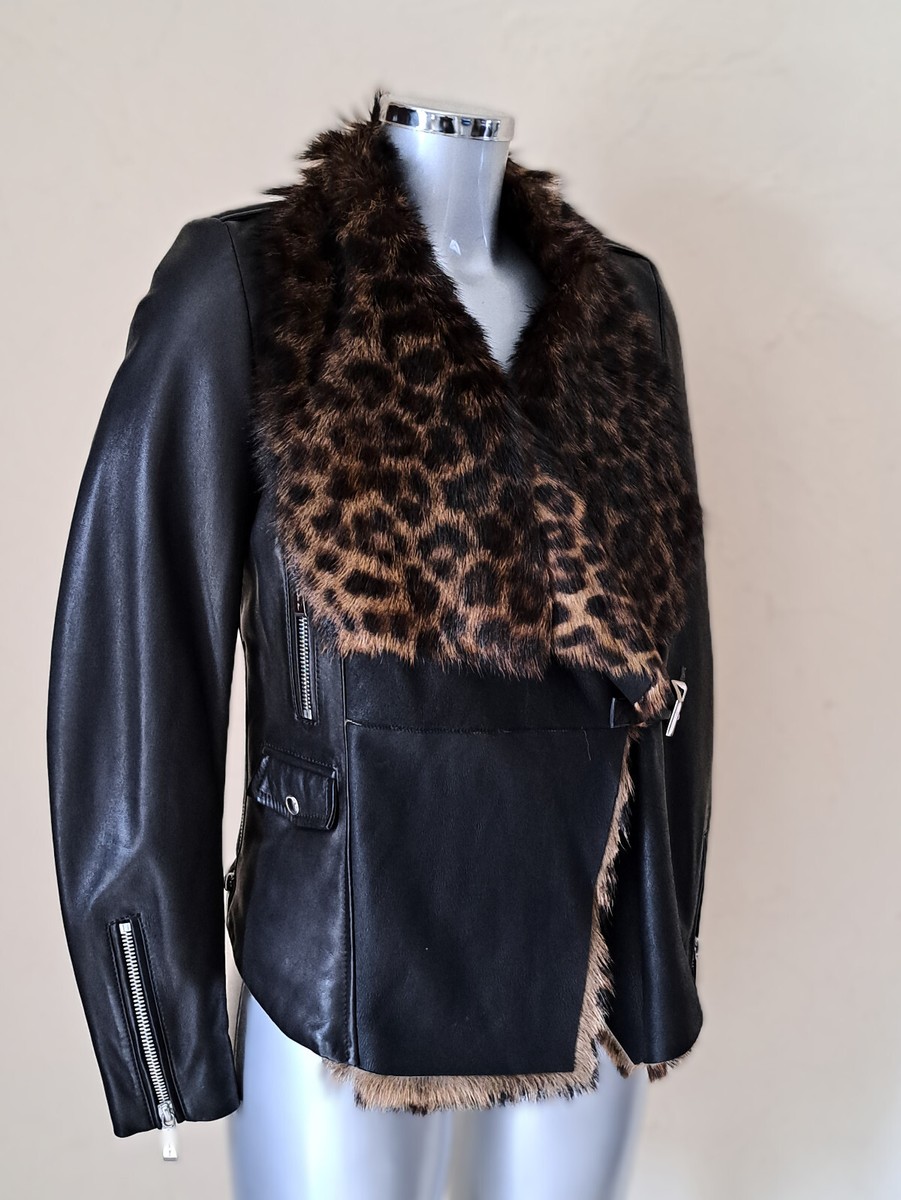 Blouson Barbara Bui En Cuir Agneau Noir Et Fourrure Léopard - Taille 36fr, Neuf