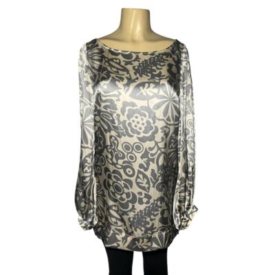 Hale Bob 100% Silk Long Sleeve Tunic Blouse Size Large Silver Cream Floral Boho