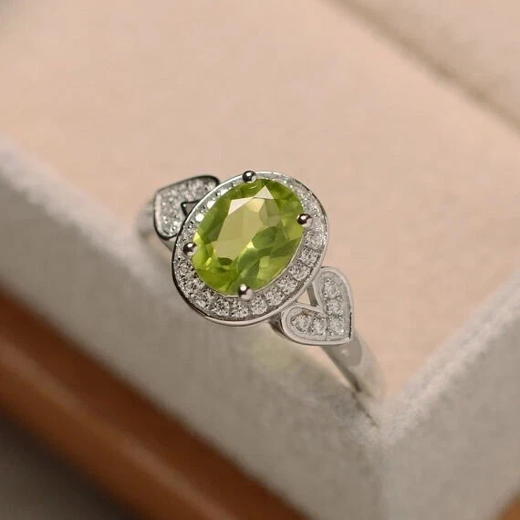 1.51 Ct Natural Peridot & Diamond Valentine's Day Ring 14K Real White Gold solid - Image 2 of 4
