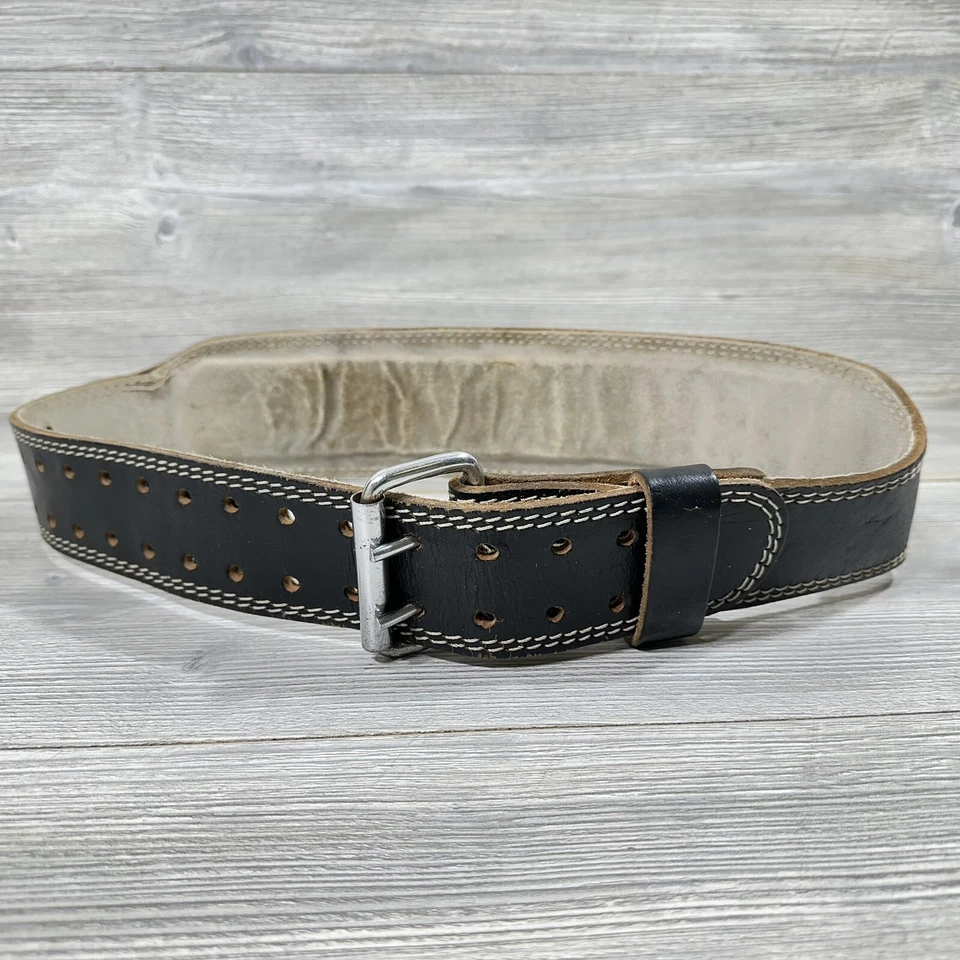 Cinturón de levantamiento de pesas vintage dorado para gimnasio para hombre L/XL 32-42 cuero negro doble punta Foto 2 de 4