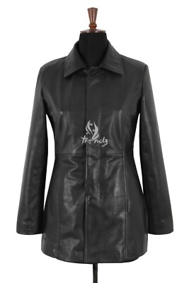 Ladies Classic Black Real Leather Jacket Conceal Button 3/4 Length Coat Shaylyn