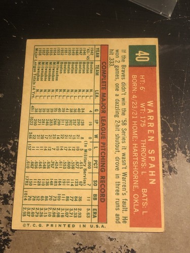 1959 Topps Warren Spahn (Born 1931 3 Partially Obscured) #40 HOF - Picture 2 of 2