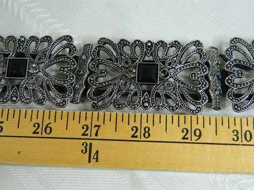 Coldwater Creek Belt Silver Tone Filigree w/Black Stones Elastic Stretch 35" - Picture 3 of 4