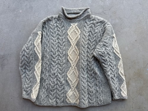 Vintage 90s Fisherman Aran Wool Cable Knit Roll Neck Sweater Chunky Irish L/XL - Image 1