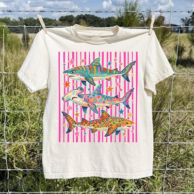 Shark Shirt Aesthetic Tropical Ocean Graphic Tee Bright Marine Life Coastal Tee