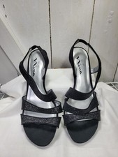 Touch Of Nina Black Glitter Strappy 3  Sandals Heels 8 M Stretch