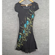 Vintage Dressbarn Whimsigoth Midi Dress M Black Turquoise Floral Dark Fairy Y2k