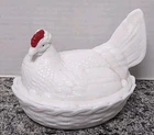 Vtg50's Milk Glass Nesting Hen Detailed Basket Weave Base Farmhouse