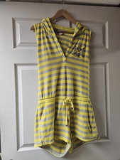 Juicy Couture Terry Cloth Romper Vtg Size XL Yellow Gray Striped Hooded