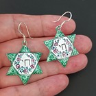 Star Of David Earrings Persian Enamel Hebrew Chai Drop Green Floral Vintage Gift