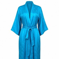 Vintage Dynasty Hong Kong Silk Jacquard Turquoise Kimono Robe Belted Medium