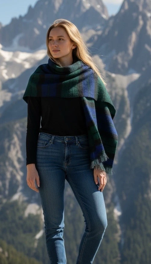 Lambswool Black Watch Tartan Scarf Fringe Superfine Wool Preppy Casual Academia