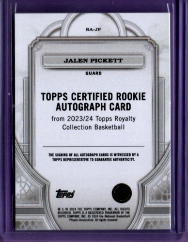 2023-24 TOPPS ROYALTY BASKETBALL JALEN PICKETT RC AUTO # 29/99 - Picture 2 of 2
