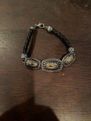 Silver Tone Bracelet Rectangle Links with Leather and Gold Accents