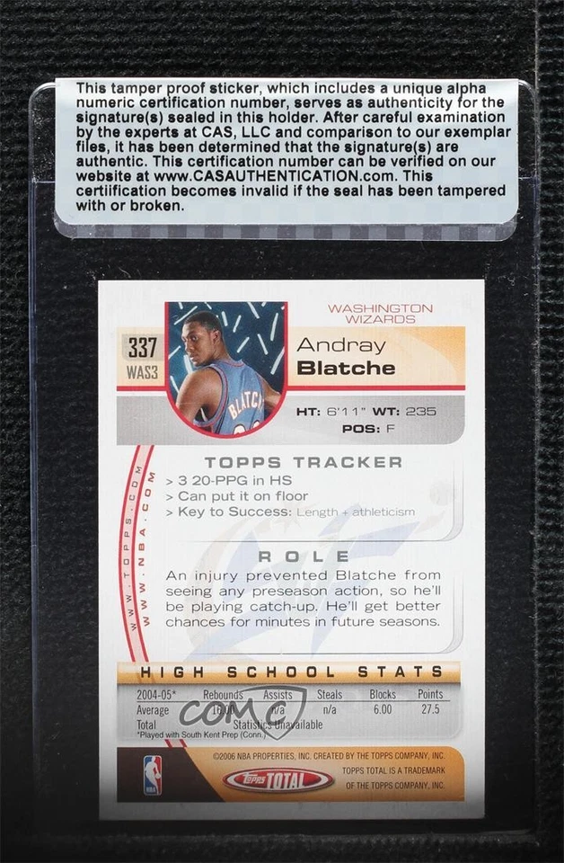 Hoja total Andray #337 Topps 2005-06 sellada automática novato radiocontrol certificado CAS Foto 2 de 2