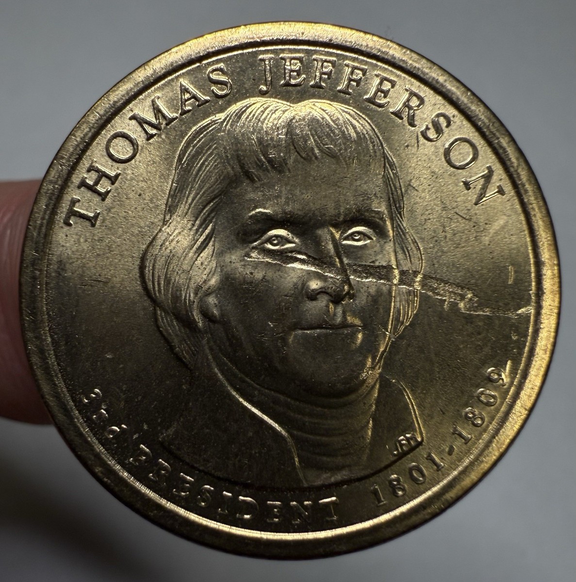 2007 D Thomas Jefferson Dollar Struck Through Mint Error Coin $1