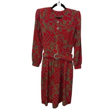 VTG 80 s Red Floral Midi Dress Cottagecore Grannycore Belt Elastic Waist Size M