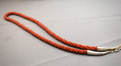 Southwest Native Am Woven Round Red Coral Bead Sterling Silver  23'' Necklace NEW