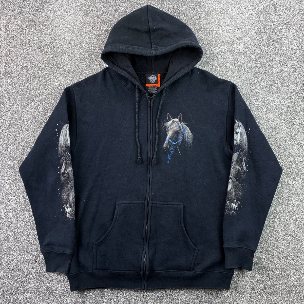 Vintage Y2K Horse Hoodie Rock Eagle Mens XL Black Full Zip Nature