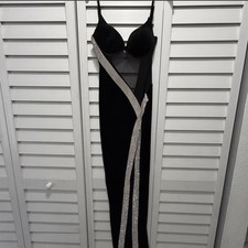 Black Mesh Sequin Long Gown Dress with Side Slit and Sheer Straps
