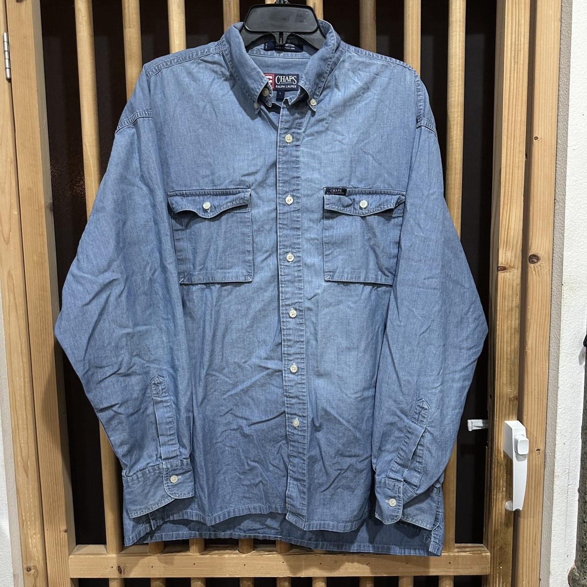 Chaps Ralph Lauren Shirt Mens Large Blue Denim Button Up Western Workwear  HOLE - Main Image