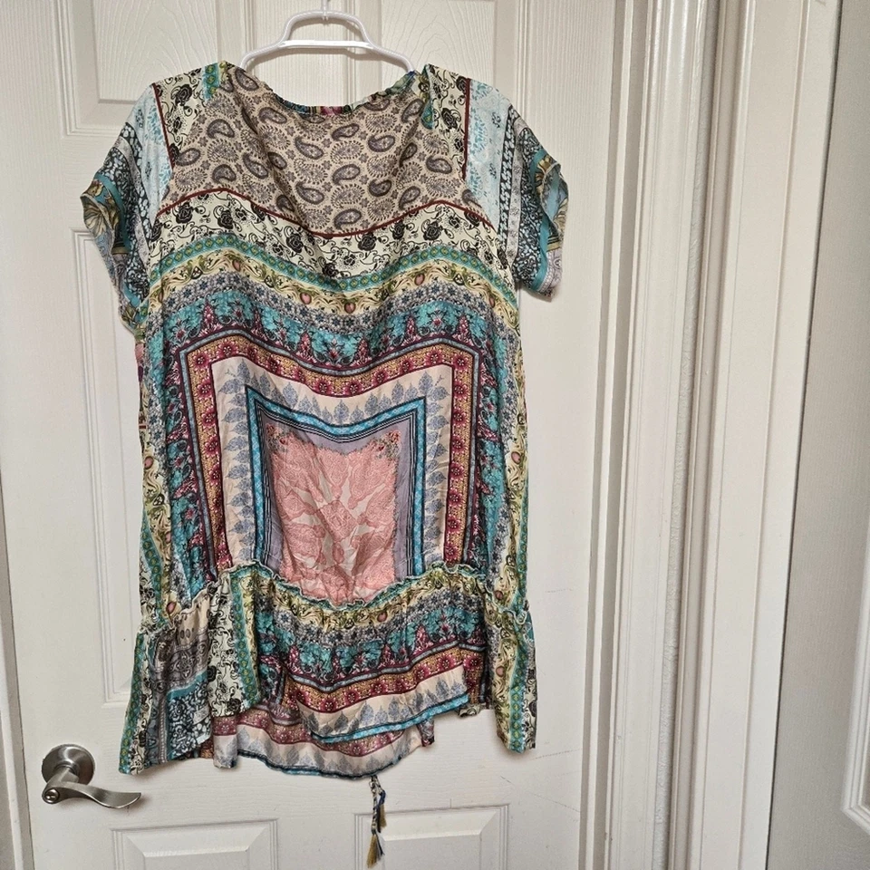 Vestido túnica Johnny Was de seda con corbata frontal en capas para mujer S multicolor boho Foto 3 de 4