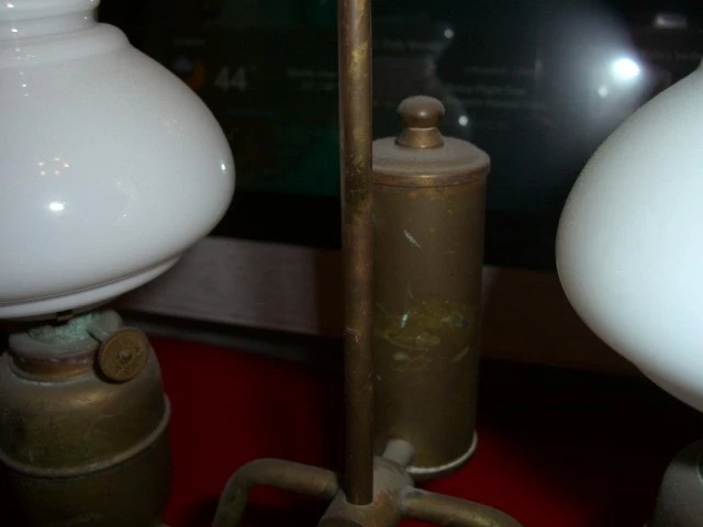 Rare Antique Vintage Brass Miniature Double Student Oil Lamp W/ Original Shades - Image 4 of 4