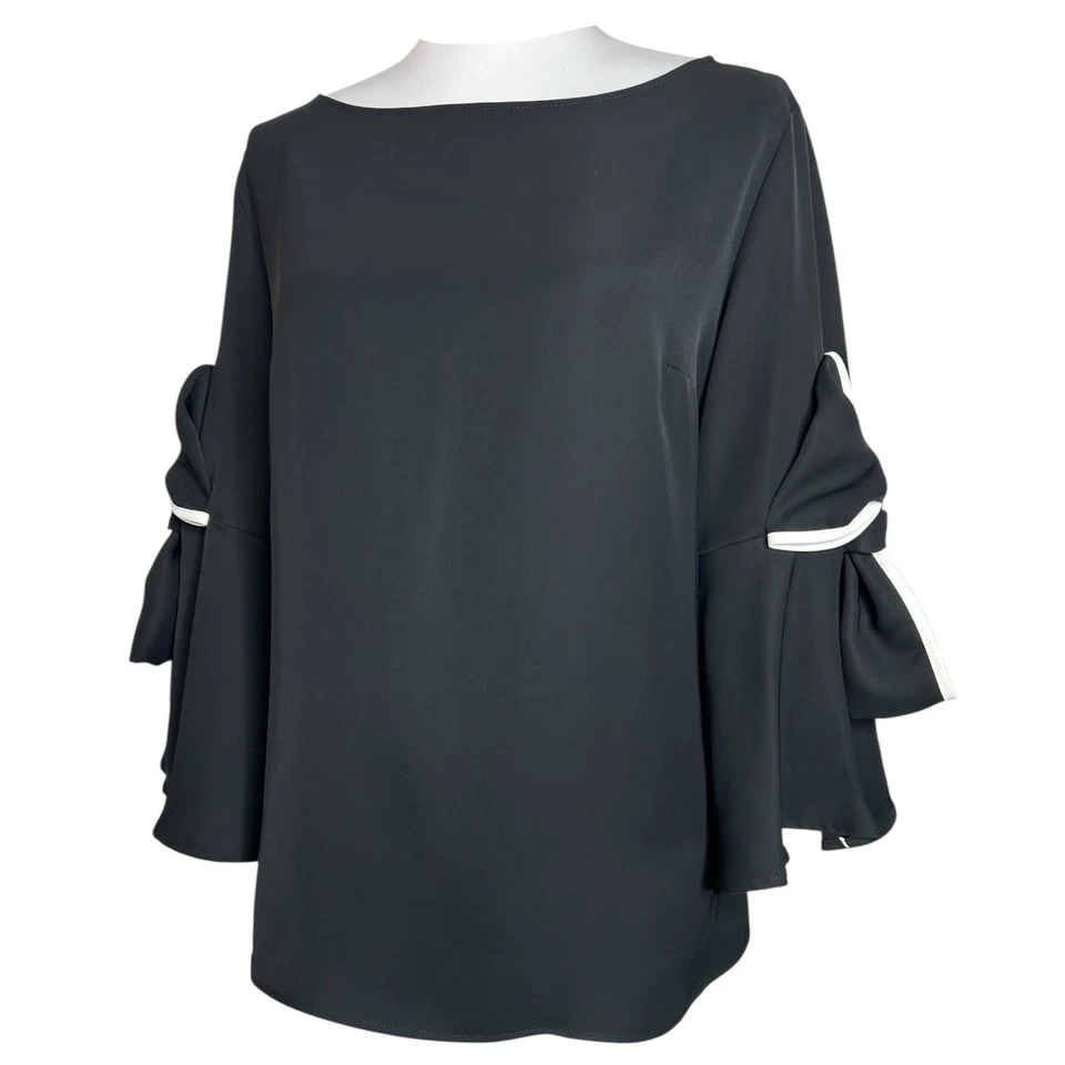 Joseph Ribkoff Top US 12 Black Boat Neck Bow Bell Sleeve Stretch Business Casual - Image 4 of 4