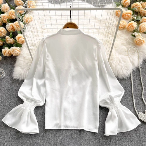 Women Ruffle Blouse Top Faux Silk Satin Puff Sleeve Retro Shirt Elegant New - Bild 8 von 21