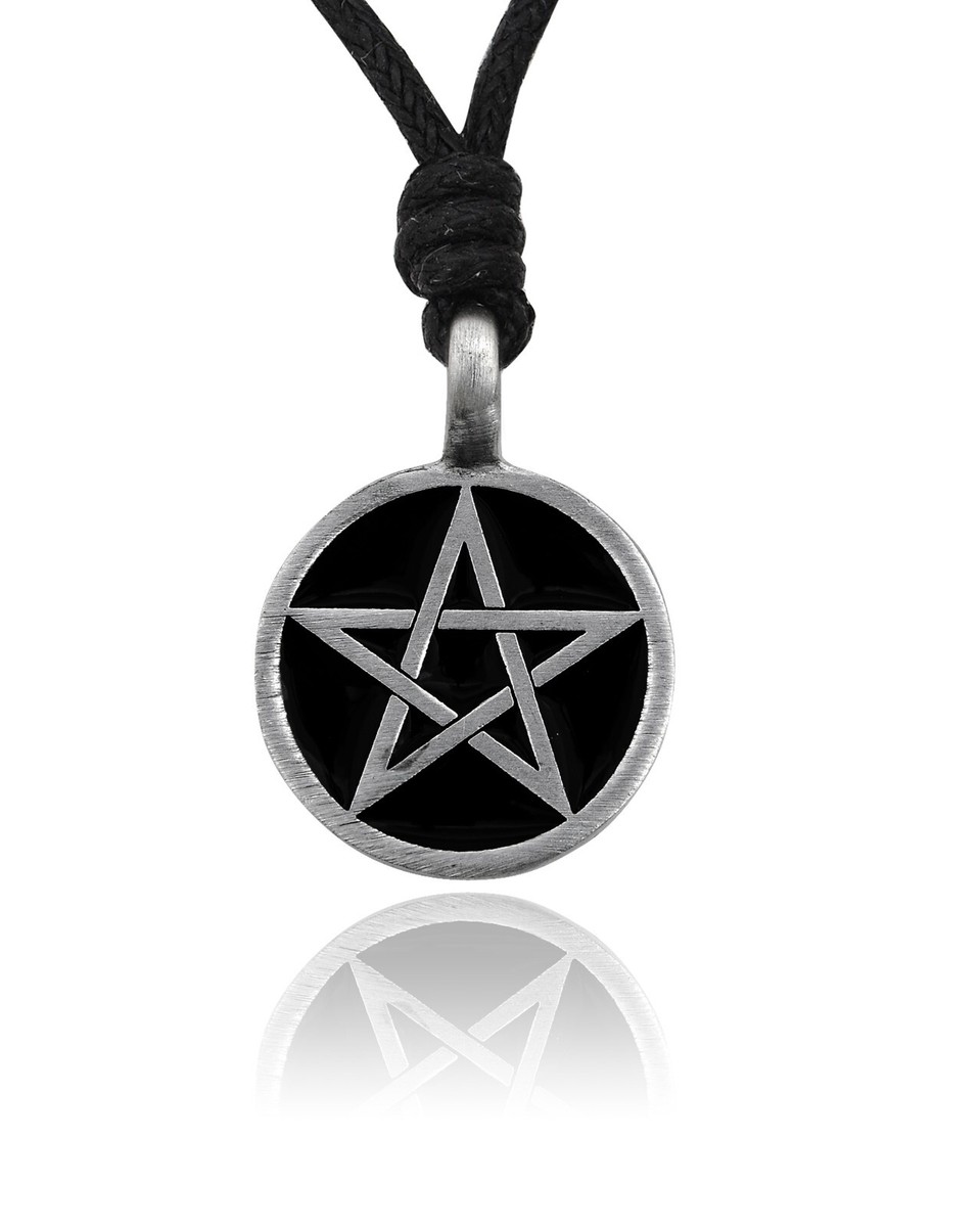 Black Pentagram Star Silver Pewter Charm Necklace Pendant Jewelry