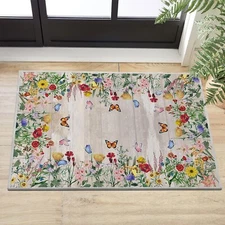 Artoid Mode Wood Flowers Butterfly Spring Area Rug, Summer Home Decor Low-Pro...