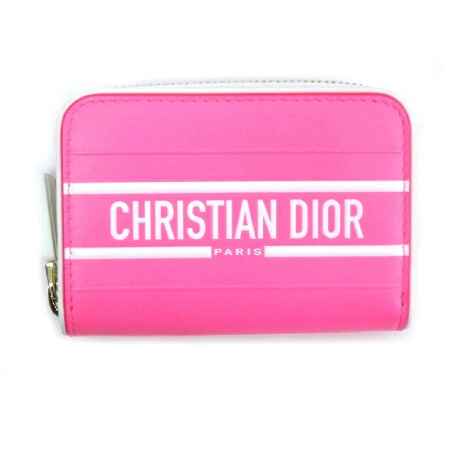Étui à monnaie et porte carte Christian Dior logo cuir rose S6202 authentique